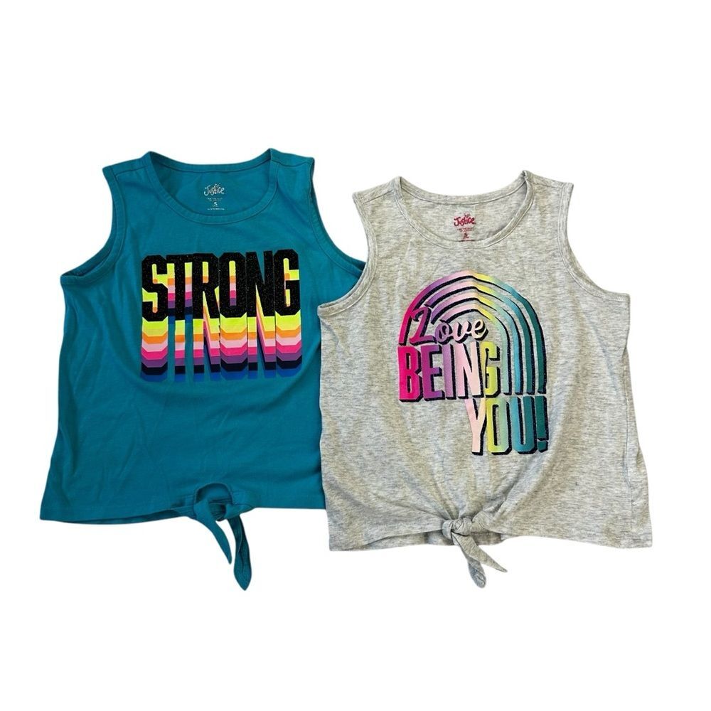 Justice Girls Set of 2 Graphic Tank Tops Sz S 7/8 Blue Gray Multicolor Tie Up